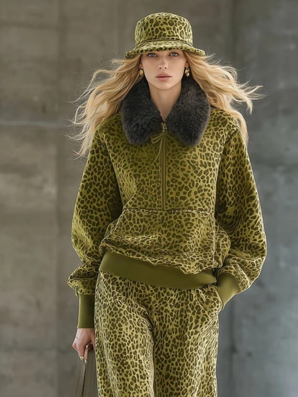 Oyrosy High End Leopard Print Faux Fur Collared Sweatshirt Jacket Large